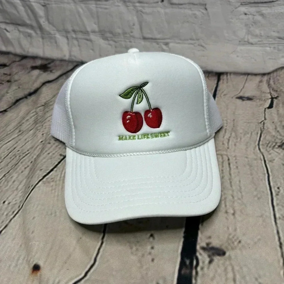 OTTO Make Life Sweet White Cherry Trucker Hat - Picture 1 of 5
